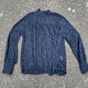 Anthropologie Deletta Women’s L Navy Lace Semi-Sheer Long Sleeve High Neck Top